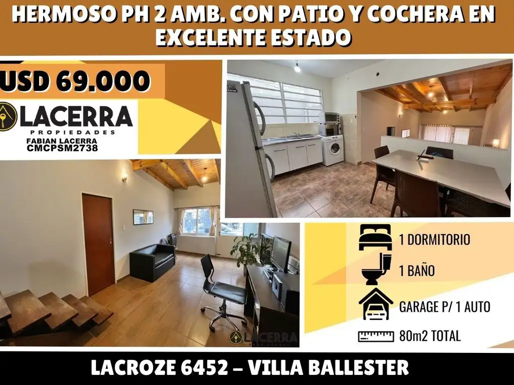 PH Venta 2 Ambientes A Estrenar Frente 1 Cochera Lacroze 6400 Villa