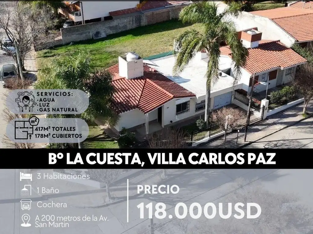 SE VENDE CASA ESQUINA 3 DOR B°La Cuesta, Villa Carlos Paz - CÓRDOBA