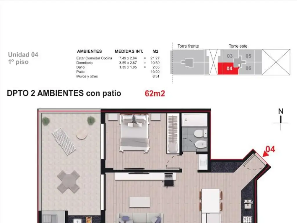 Departamento de 1 dormitorio con patio a la venta.