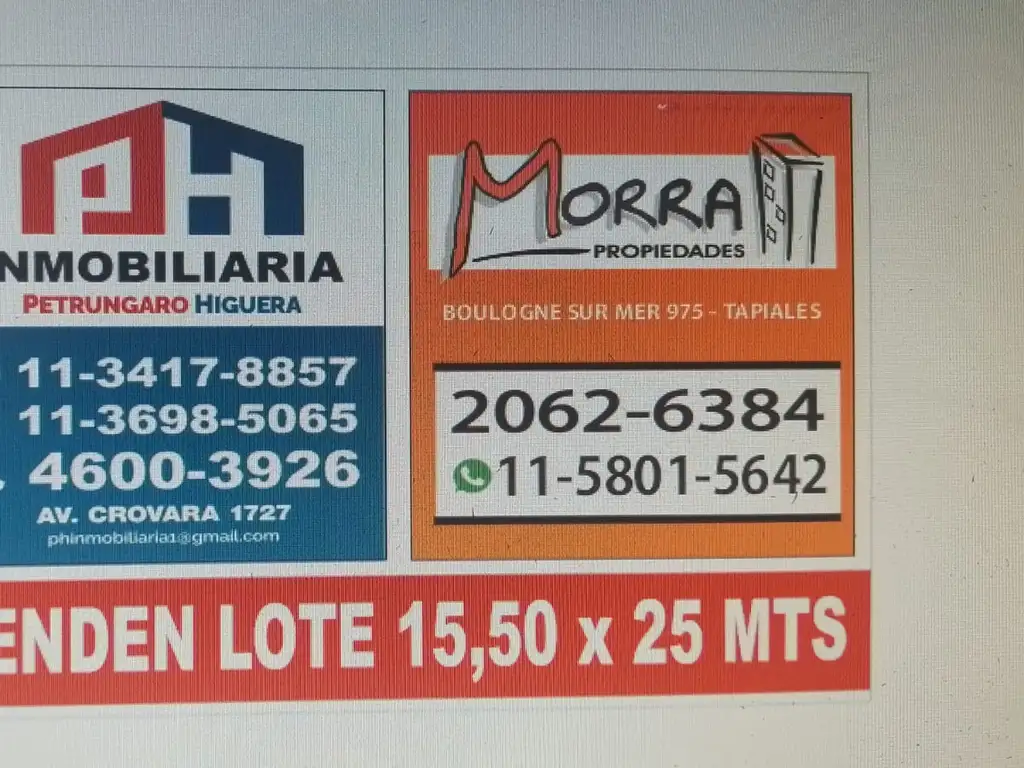 Venta lote 15,50 x 25 m.