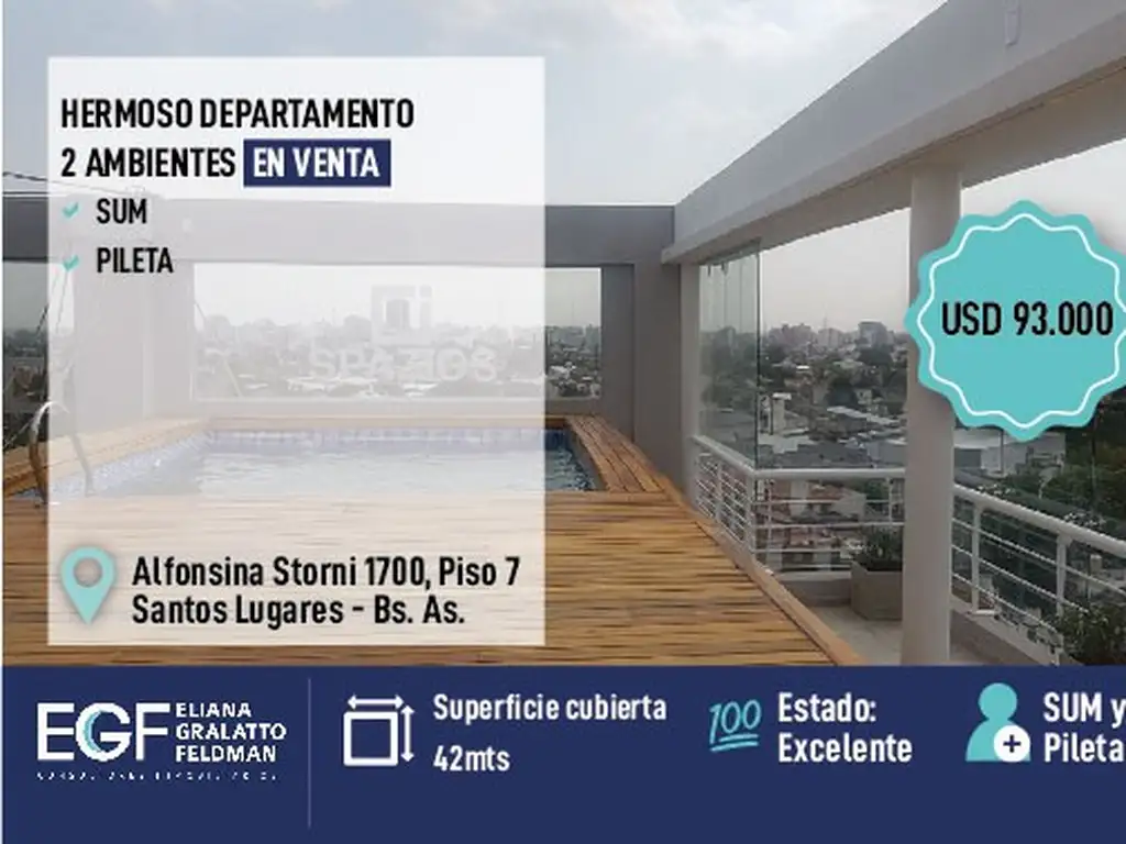 VENTA HERMOSO DEP 2 AMB 42 MTS APROX EN SANTOS LUGARES CON SUN Y PILETA