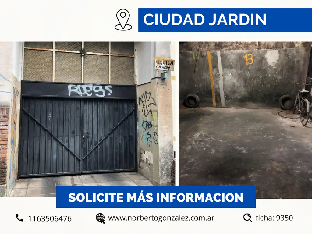 EN VENTA! ESPACIO COCHERA CUBIERTA EN CIUDAD JARDIN SOBRE CALLE ZEYEN. F: 9350