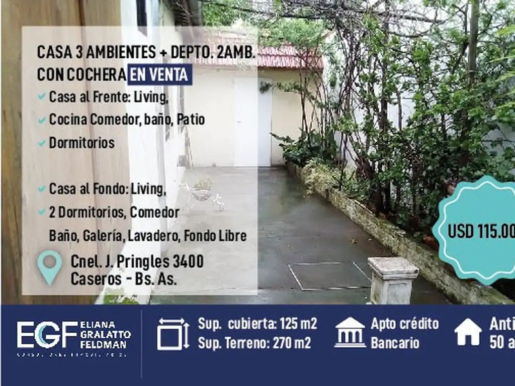 VENTA CASA 3AMB + DEP 2AMB CON COCHERA