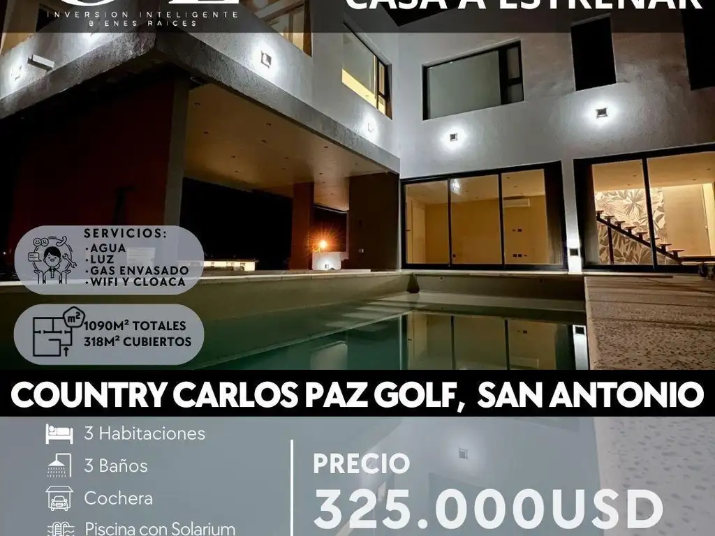 CASA DE CATEGORÍA A ESTRENAR 3 DORMITORIOS, EN CARLOS PAZ GOLF - SAN ANTONIO DE ARREDONDO.