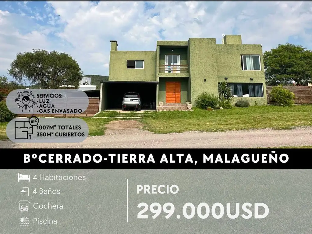 GRAN CASA 4 DOR, C VISTA PANORÁMICA, PILETA Y COCHERA- BARRIO CERRADO TIERRA ALTA, MALAGUEÑO