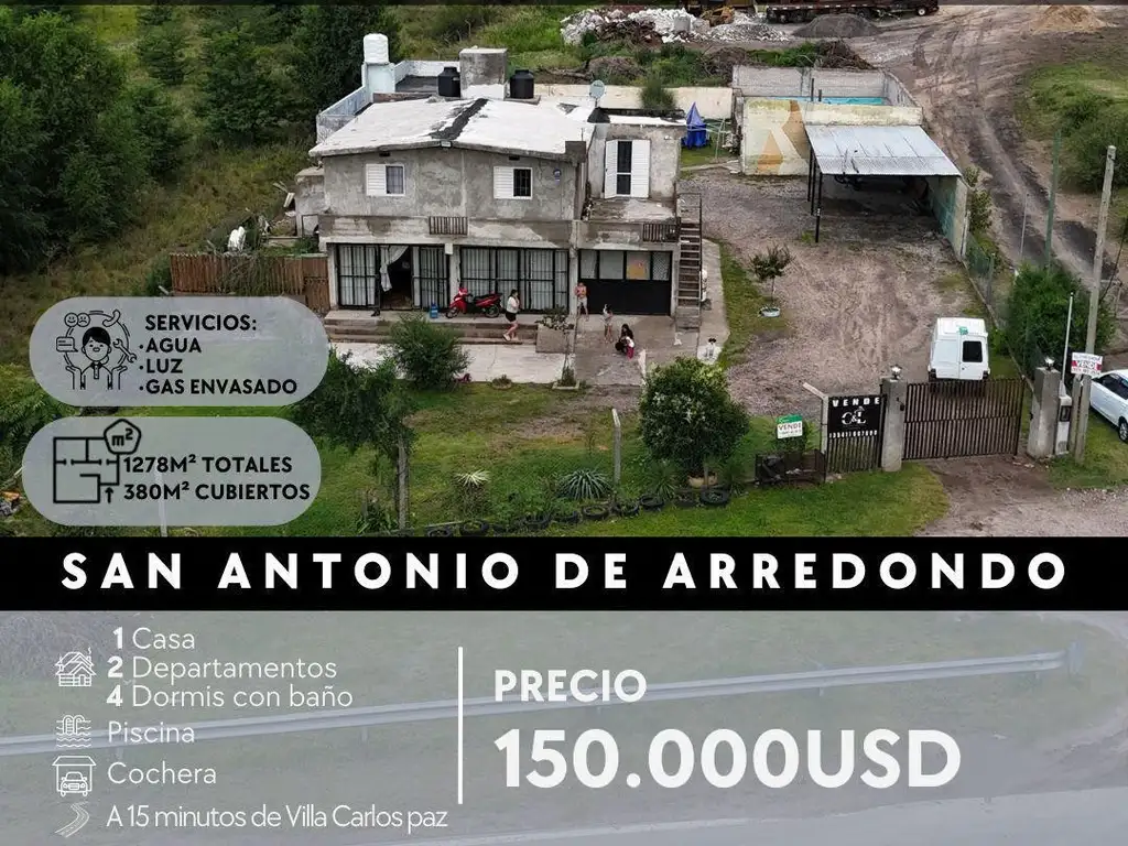 COMPLEJO TURÍSTICO EN LAS JARILLAS SOBRE RUTA S271 CON 1.278M² DE TERRENO - SAN ANTONIO DE ARREDONDO