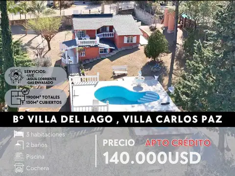 VENTA CASA DE CAMPO DE 3 DORMITORIOS, PILETA, 1.900M² DE TERRENO B° VILLA DEL LAGO-CARLOS PAZ