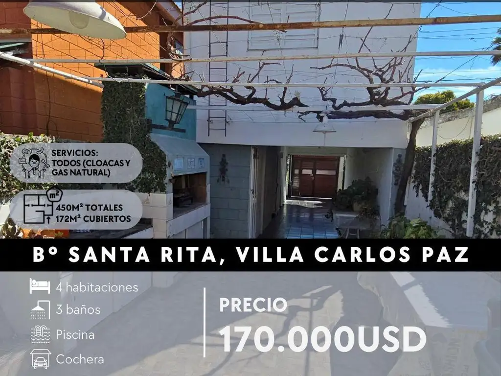 VENTA MODERNA CASA 3 DOR , PILETA   DPTO EN SANTA RITA- VILLA CARLOS PAZ