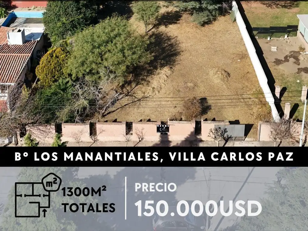 EXCLUSIVO TERRENO DE 1.300M²  C/TODOS LOS SERVICIOS. LOS MANANTIALES - VILLA CARLOS PAZ