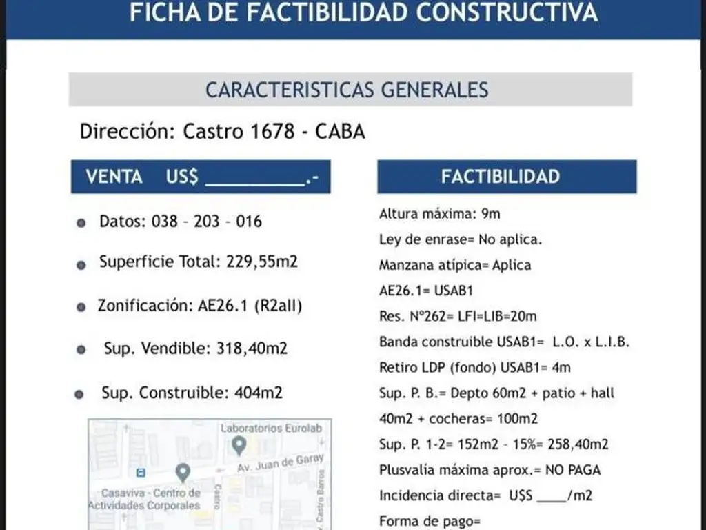 Lote, Boedo, Castro al 1600, USAB 1, para 318m2 vendibles