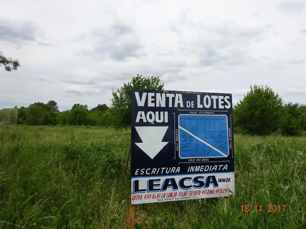 TERRENO EN ASTOLFI - PILAR - 838 M2- ESQUINA CALLES Pilcomayo y Alemania.