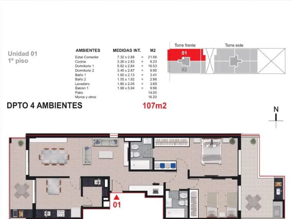 Departamento de 2 dormitorios con patio a la venta.