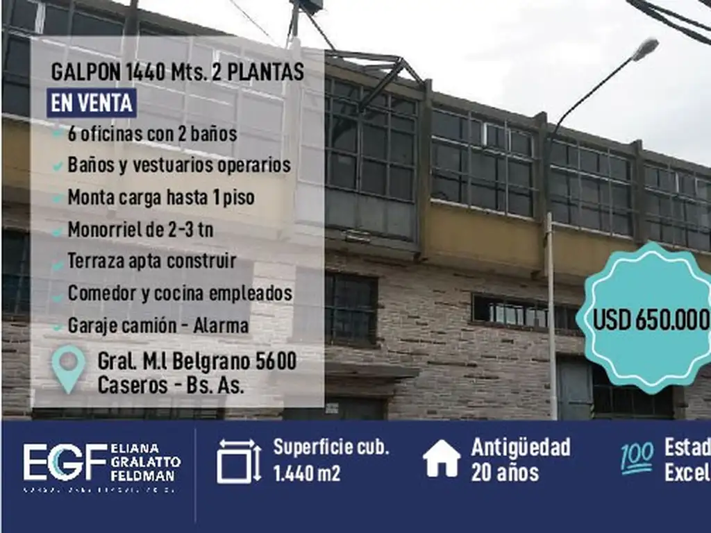 VENTA GALPON 1440 MTS CALLE BELGRANO 5600 CASEROS