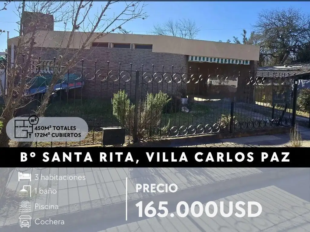 VENTA CASA 3 DOR     DPTO EN SANTA RITA- VILLA CARLOS PAZ