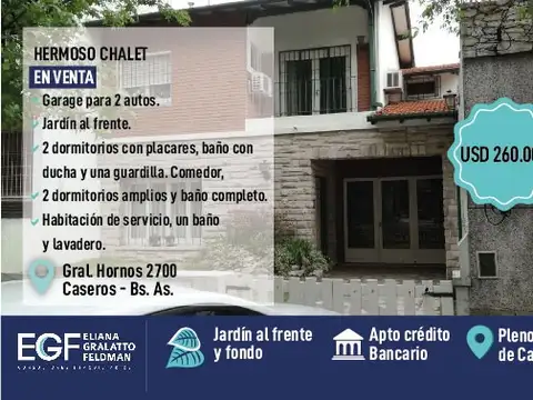 VENTA HERMOSO CHALET PLENO CENTRO CASEROS