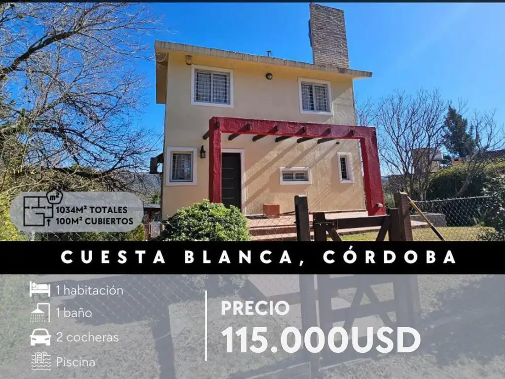 CASA CON TERRENO DE 1.034M²- Cuesta Blanca - Punilla.