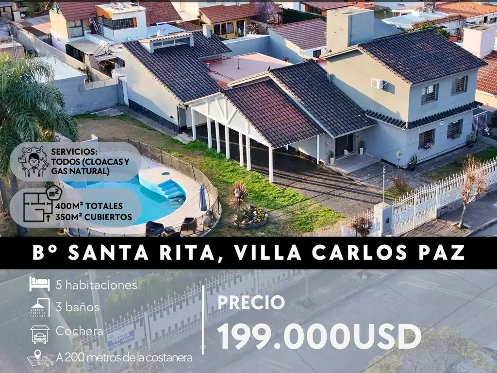 IMPORTANTE CASA DE 5 DOR, 3 BAÑOS - Santa Rita del Lago -  Villa Carlos Paz.