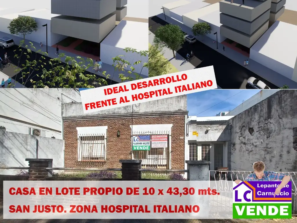 ¡VENTA DE LOTE DE 10 x 43,30 MTS FRENTE AL HOSPITAL ITALIANO EN SAN JUSTO! SOBRE AVENIDA ARIETA