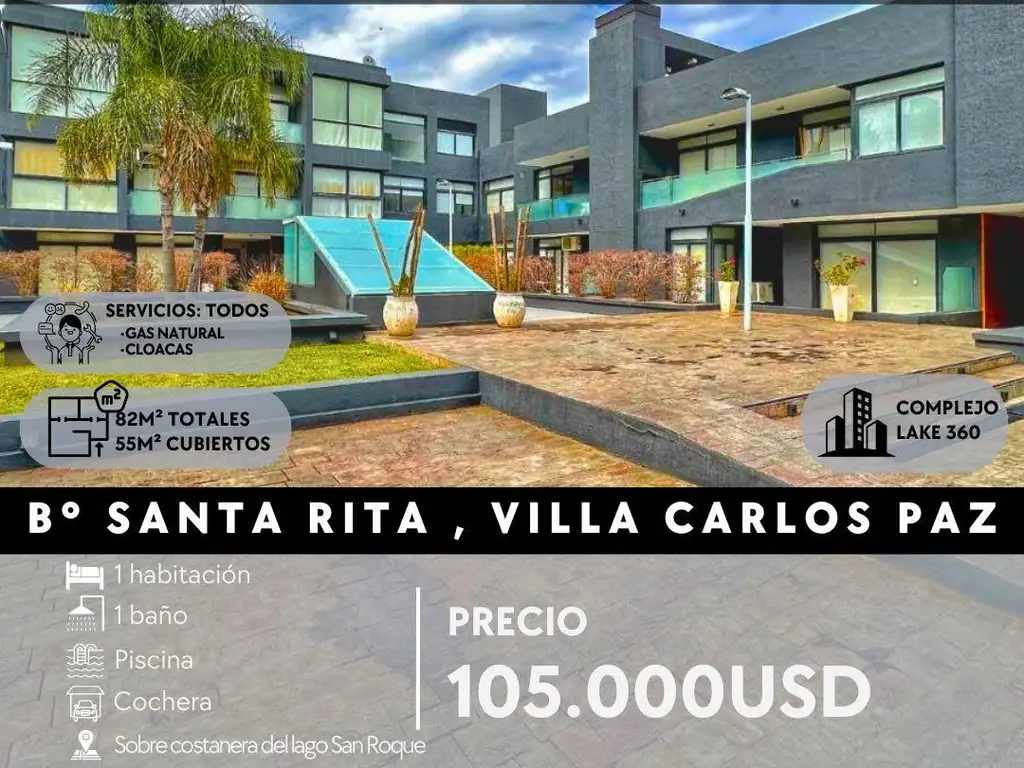 DPTO DE CATEGORÍA EQUIPADO DE 1 DOR, COCHERA, PILETA EN COMPLEJO LAKE 360. VILLA CARLOS PAZ