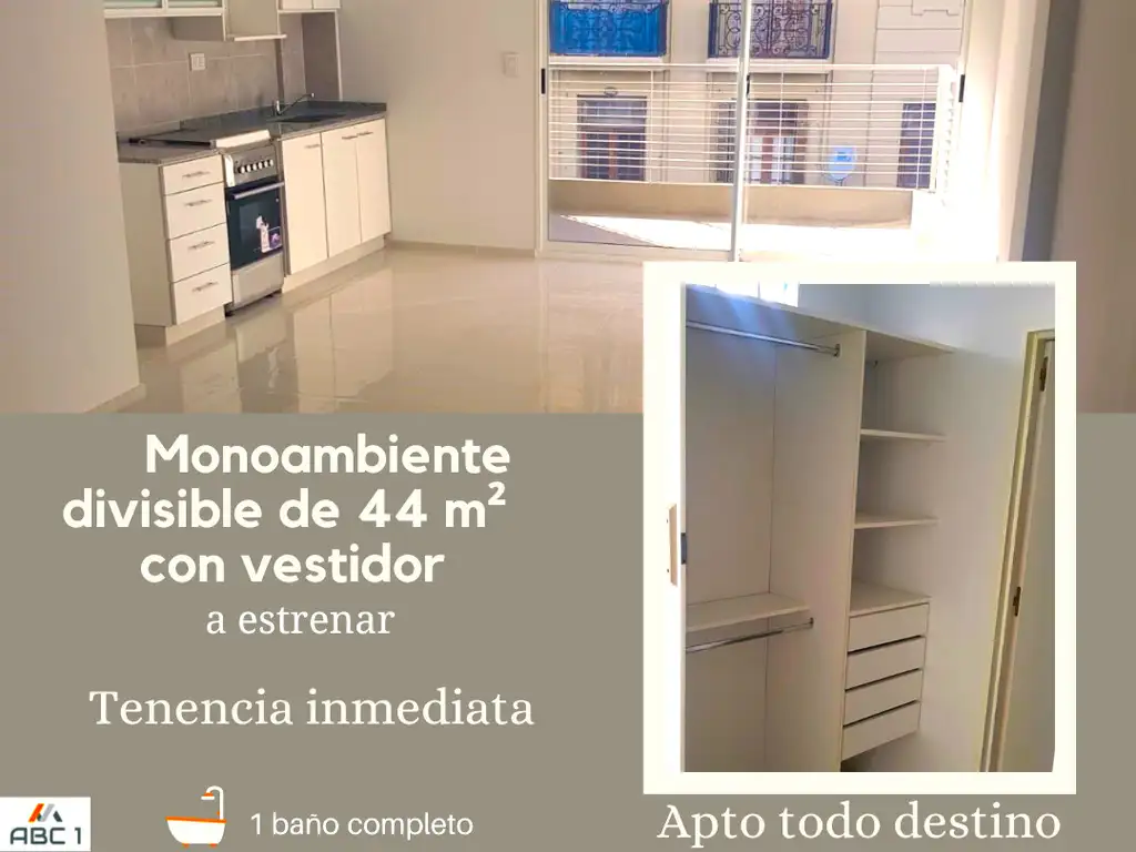 ZONA FACULTADES, a Estrenar MONOAMBIENTE 44 m² DIVISIBLE, APTO TODO DESTINO, COCH OPC,GTIA PROP CABA