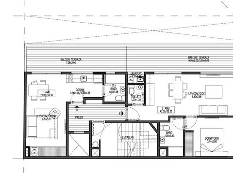Departamento 2 ambientes con 2 baños