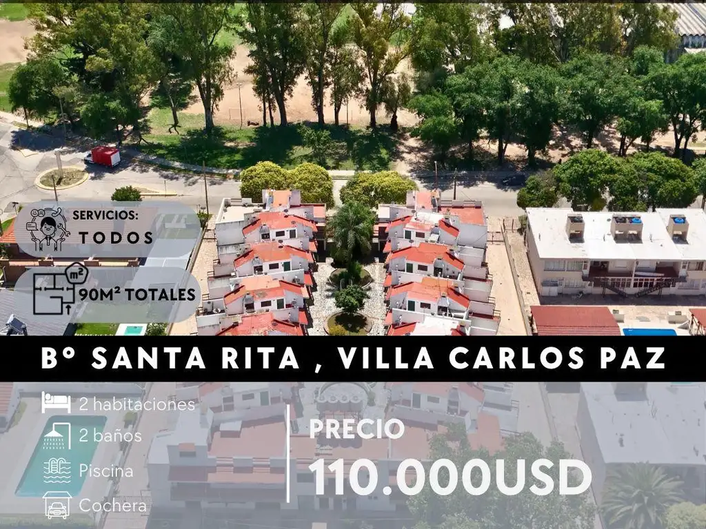 Departamento tríplex  2 dormitorios, 2 baños, con cochera y pileta en Santa Rita, Villa Carlos Paz