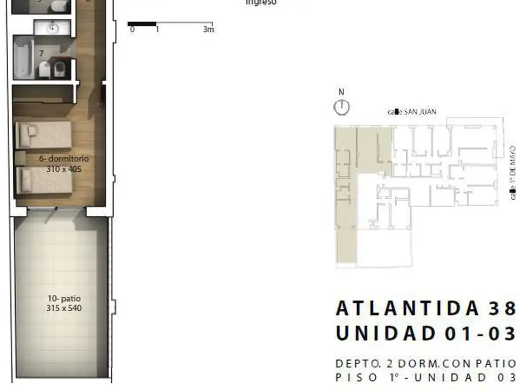 2 dormitorios. 1º piso con patio. Externo. Calidad C