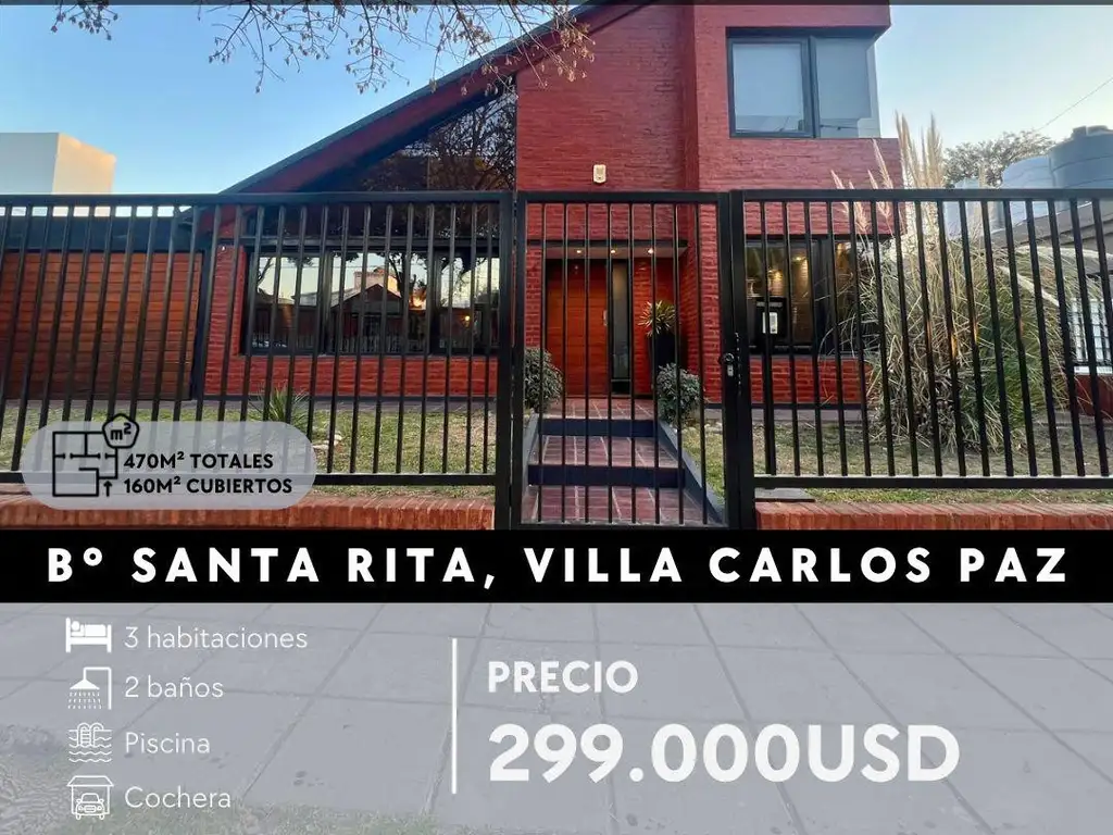 CASA DE CATEGORÍA DE 3 DORMITORIOS CON PILETA EN STA RITA, VILLA CARLOS PAZ