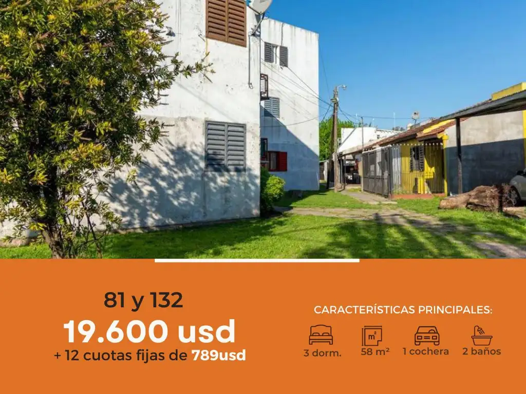 Departamento en venta - 3 Dormitorios 1 Baño 1 Cochera- 58mts2 - Villa Elvira [FINANCIADO]