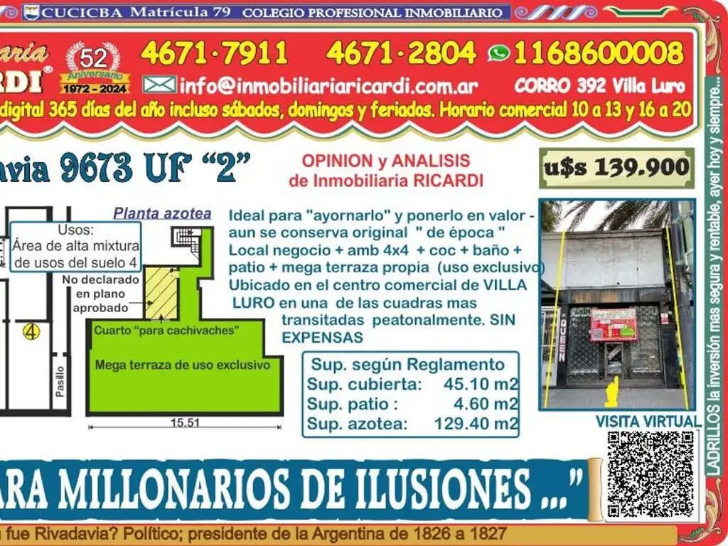 PARA MILLONARIOS DE ILUSIONES...local + amb + patio + tza