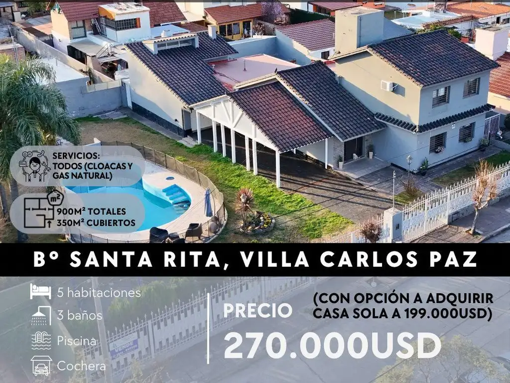 CASA DE 5 DOR, 3 BAÑOS   TERRENO CON PILETA - Santa Rita del Lago -  Villa Carlos Paz