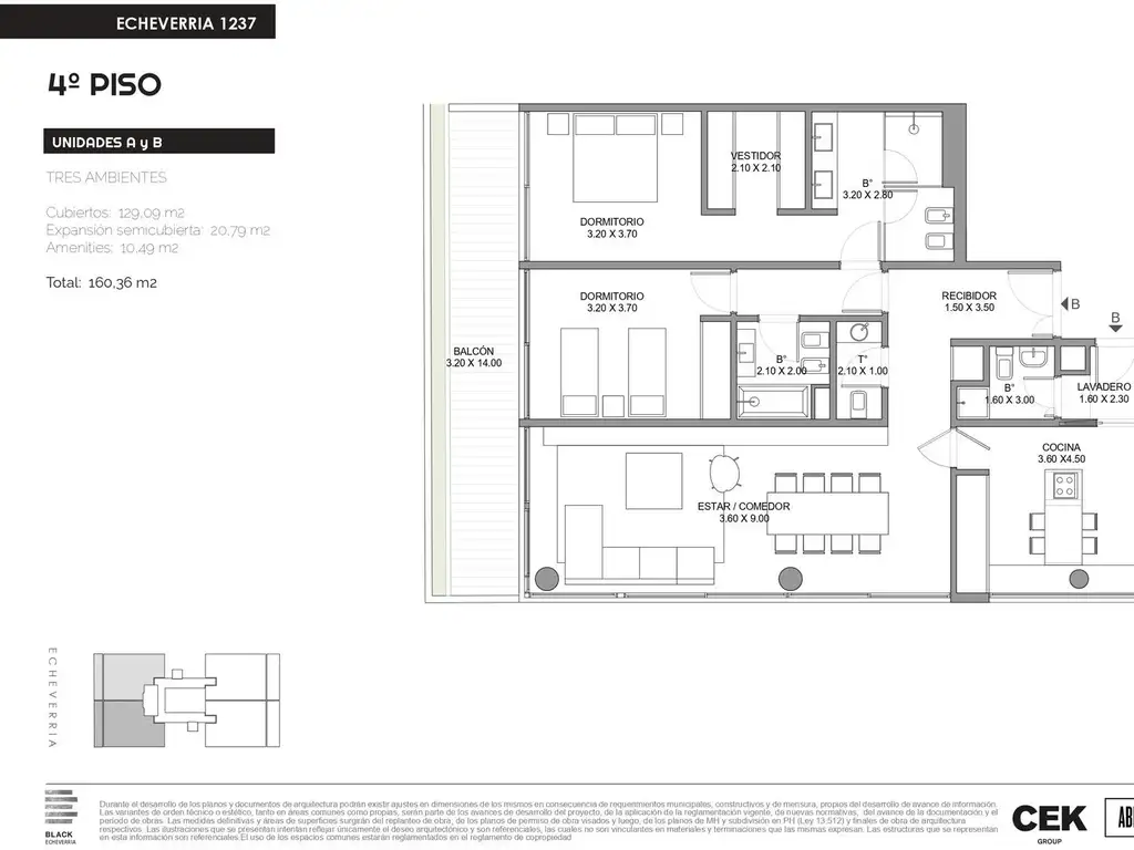 Departamento 3 ambientes con balcón aterrazado y parrilla en  Belgrano Chico.