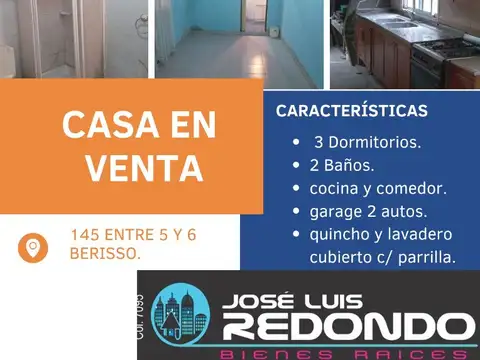 CASA EN VENTA, Calle 145 e/ 5 y 6- Berisso-  USD20.000 + CUOTAS