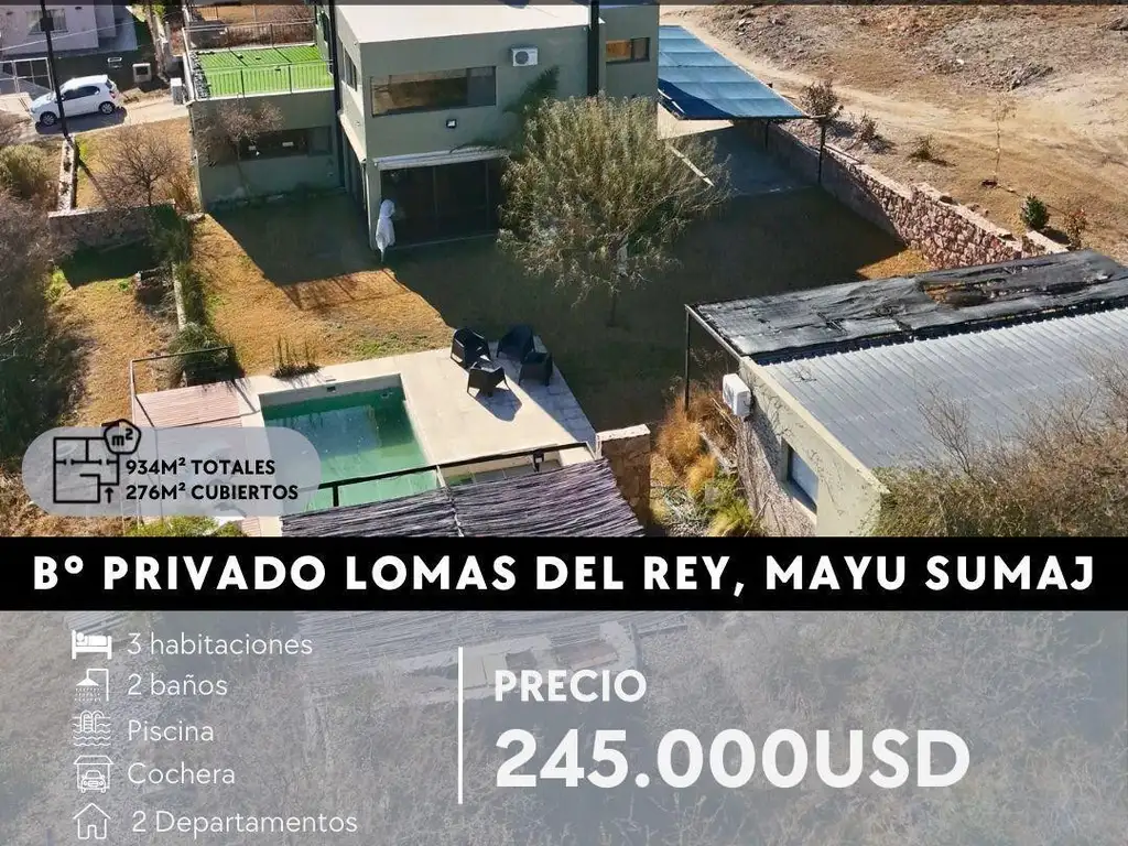 VENTA DE GRAN CASA DE DISEÑO CON 2 DPTOS EN B°PRIVADO LOMAS DEL REY, MAYU SUMAJ