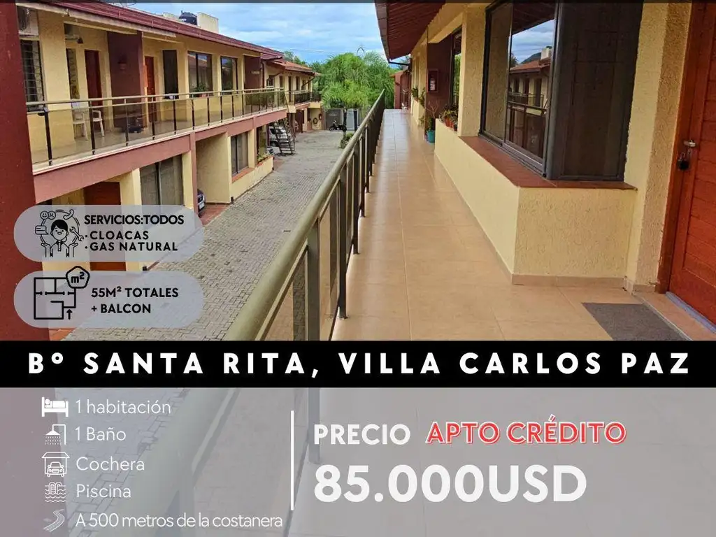 VENTA DPTO DE 1 DOR, COCHERA Y PILETA EN SANTA RITA- VILLA CARLOS PAZ