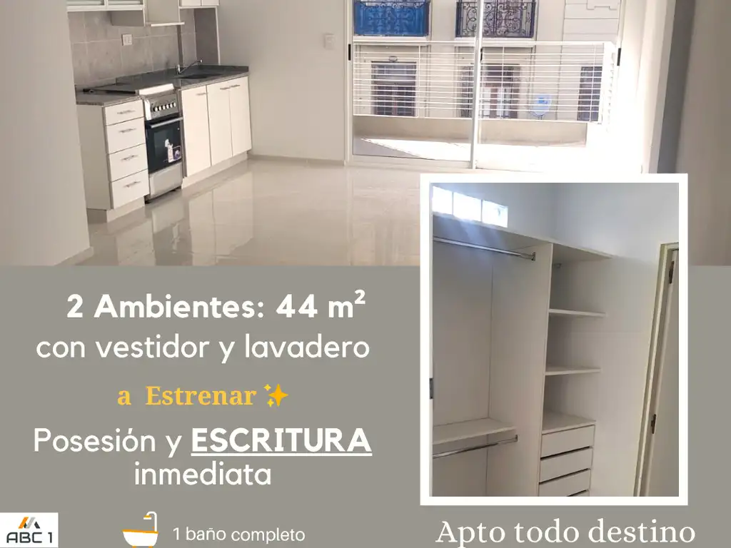 ZONA FACULTADES. 2 ambientes integrados 44 m² c/Coch. APTO CRÉDITO HIPOTECARIO. IDEAL ALQ TEMPORARIO