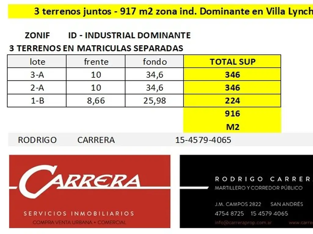 VENTA – 3 lotes total 917m2 - en Villa Lynch, Pcia de BSAS –   - tasamos HOY