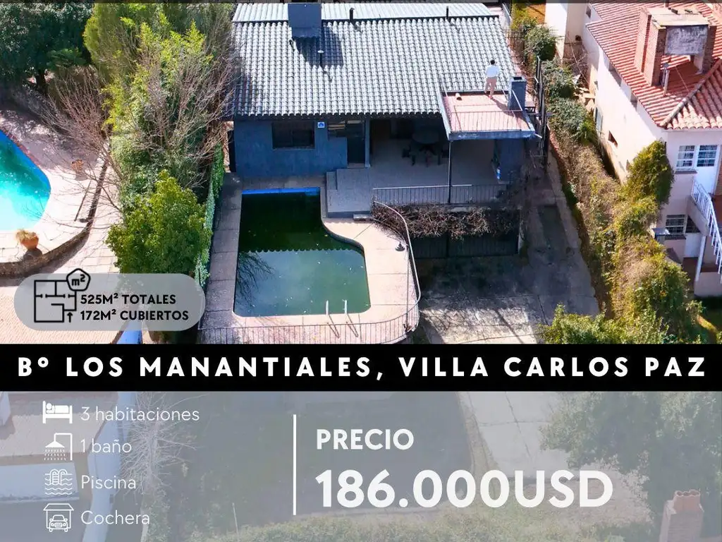 VENTA CASA 3 DOR, PILETA, TODOS LOS SERVICIOS EN B°LOS MANANTIALES- CARLOS PAZ