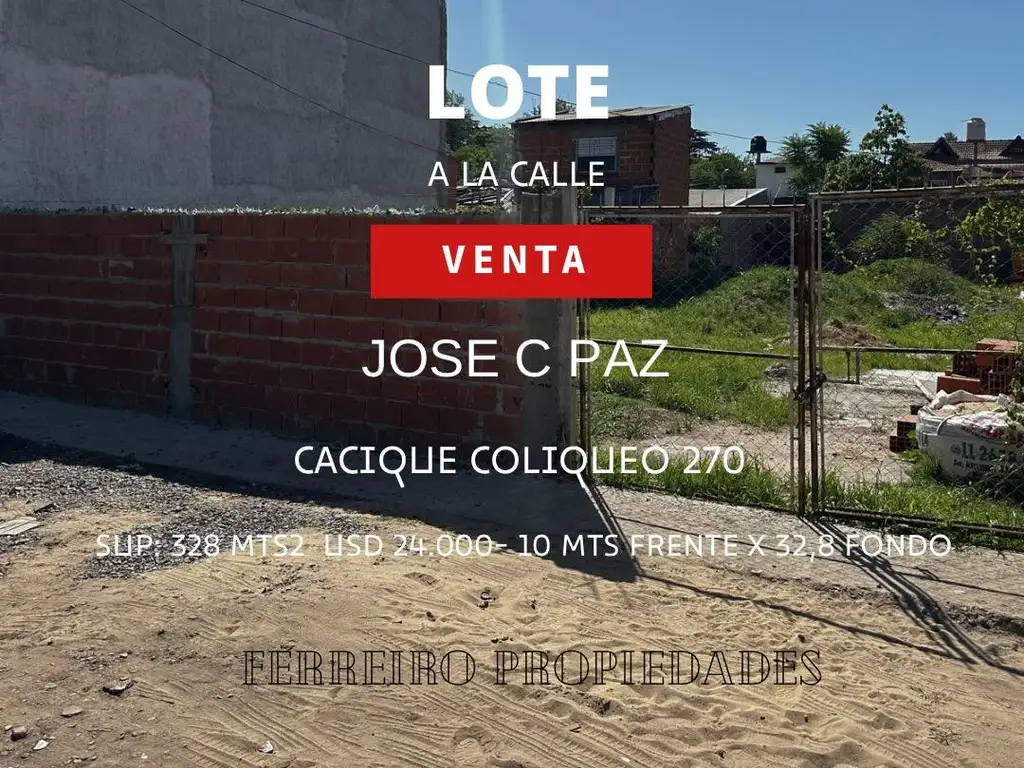 VENTA de terreno sobre Cacique Coliqueo en José C Paz