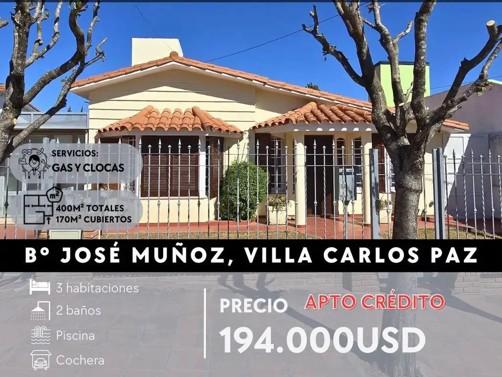 VENTA DE CASA     DPTO C/PILETA- B° JOSÉ MUÑOZ- VILLA CARLOS PAZ