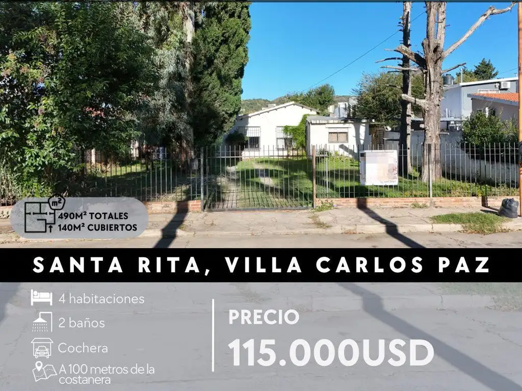 CASA A LA VENTA EN B. SANTA RITA, A UNA CUADRA DE LA COSTANERA DE VILLA CARLOS PAZ