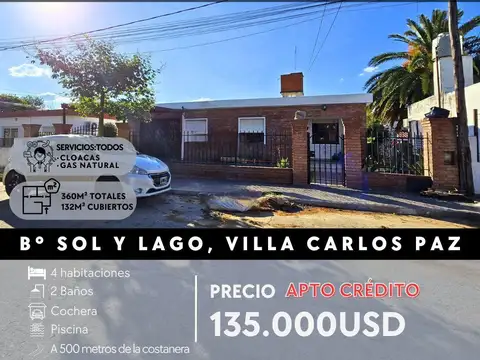 VENTA DE CASA 4 DORMITORIOS Y PILETA EN SOL Y LAGO- CARLOS PAZ