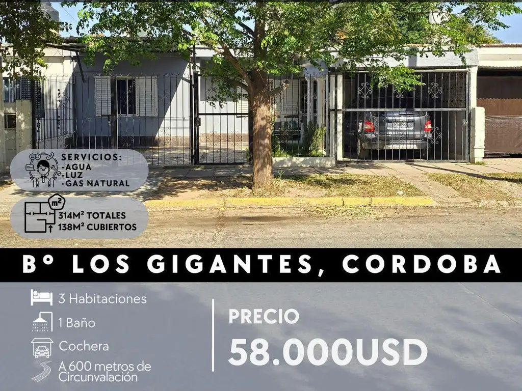 VENTA CASA EN 314 MTS² DE TERRENO. B° LOS GIGANTES - CÓRDOBA