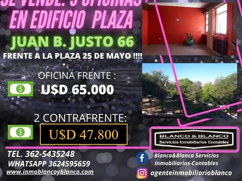 SE VENDE: 3 OFICIAS EN EDIFICIO PLAZA, JUAN B. JUSTO 66.