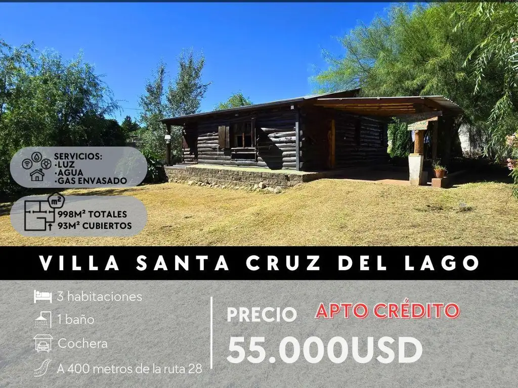 CASA DE MADERA CON 3 DOR Y GRAN TERRENO. IDEAL PARA COMPLEJO TURÍSTICO EN VILLA SANTA CRUZ DEL LAGO