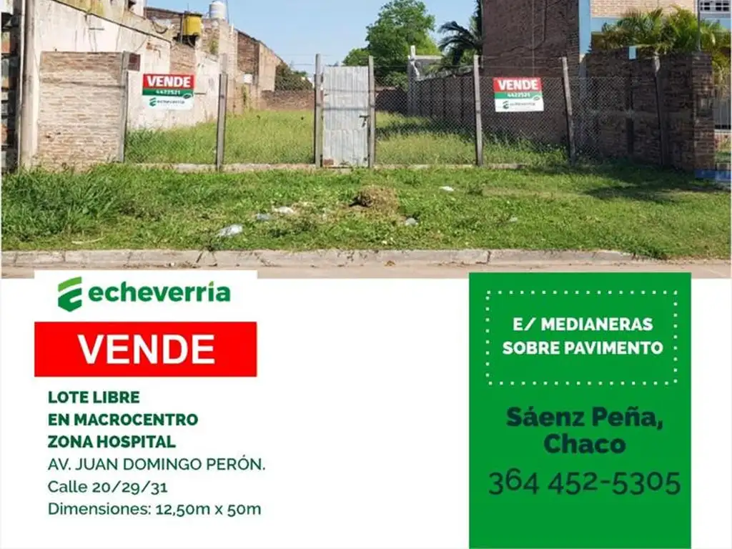 Terreno Venta 625m2 12 5mts frente Calle 20 1Ra Junta 1400