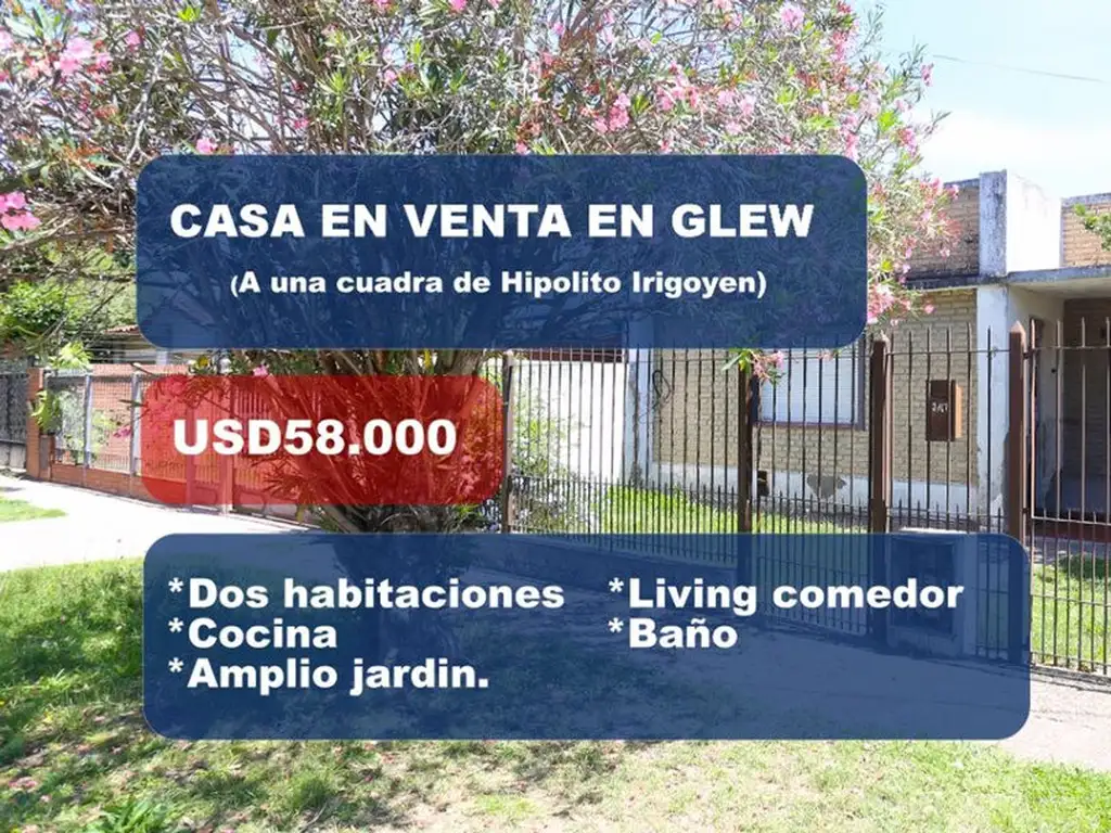 CASA VENTA EN GLEW 3 AMBIENTES CON AMPLIO JARDIN