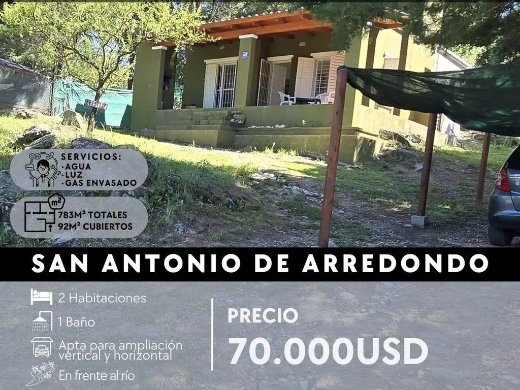 VENTA CASA DE 2 DOR, 800M² DE LOTE, FRENTE AL RÍO EN SAN ANTONIO DE ARREDONDO