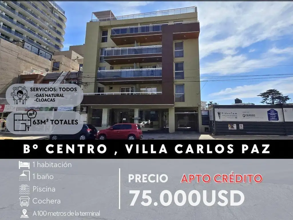 VENTA  DPTO 1 DOR, C/COCHERA, PISCINA, BALCÓN, A MTS DE LA TERMINAL DE CARLOS PAZ