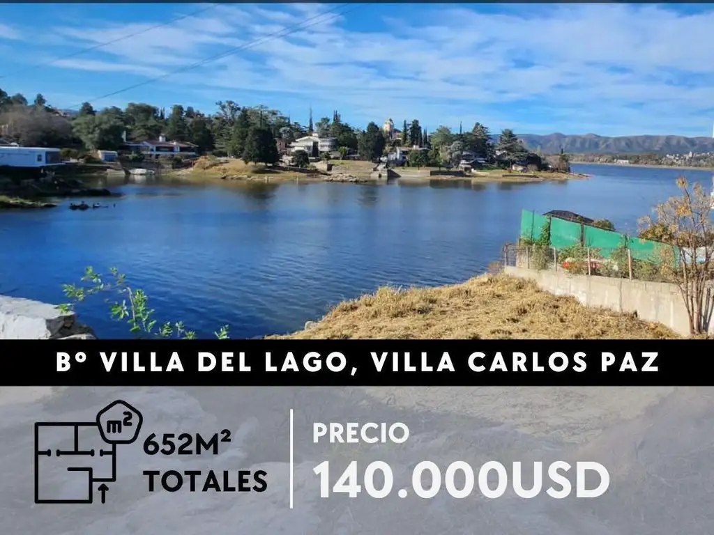 LOTE CON COSTA DE LAGO DE 652M² A MTS DE LA RUTA 38, VILLA DEL LAGO, VILLA CARLOS PAZ